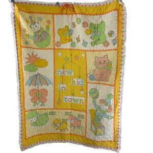Vintage "New Kid in Town" Quilted Baby Blanket 44" x 33" Clown Cat Elephant